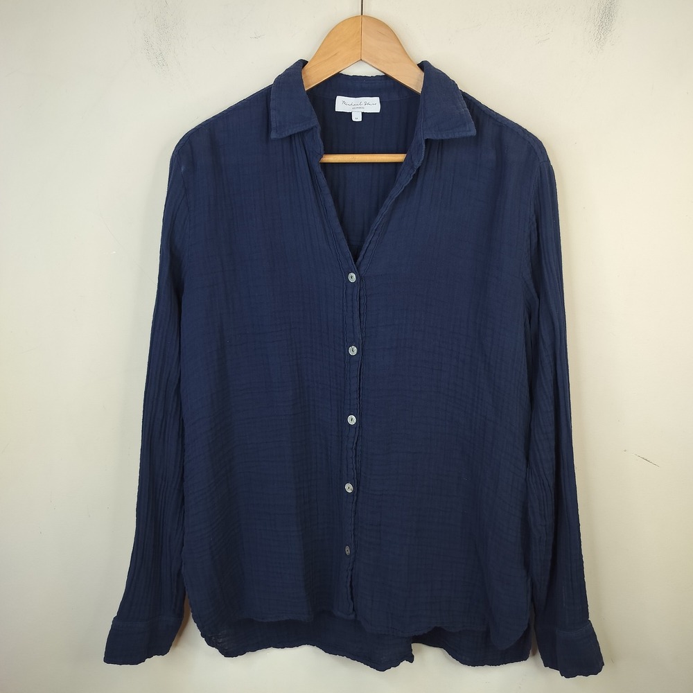 Michael Stars Gauze Cotton Button Down Shirt Medium Casual Navy Blue Cotton